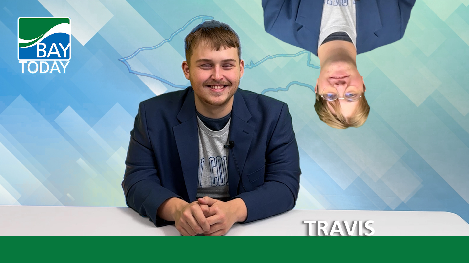 Bay Today Anchor Travis Mills laughs as Anchor Tom Kluka makes an unexpected cameo..