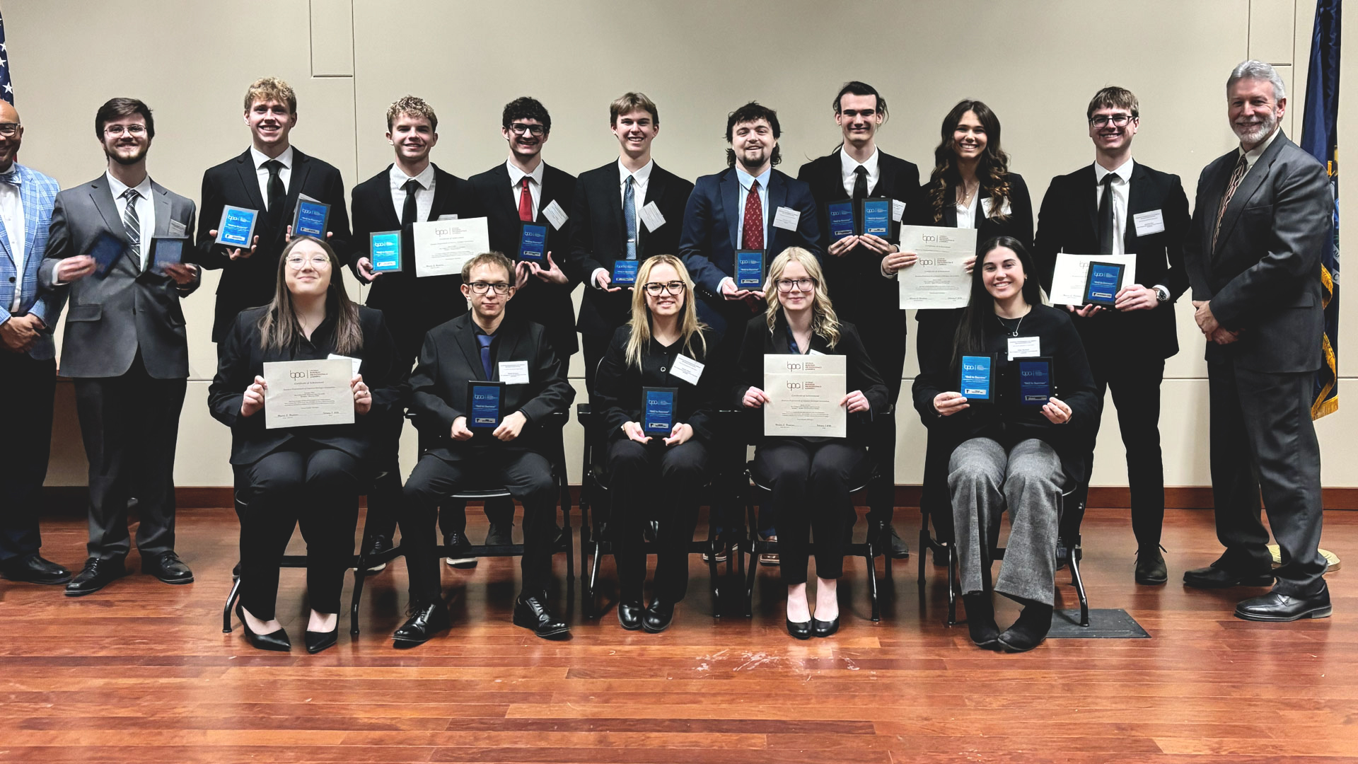 From left to right, Standing, Michigan’s BPA Director Maurice Henderson, Matthew Keast, Hunter Robinson, Jake Poquette, Nick Chaillier, Connor Howes, Andrew Lord, Landon (Marcy) Dugree, Haylee Gatien, Gabriel Viau, and Bay College’s BPA Advisor Brent Madalinski. Sitting: Gracelyn Wiles, Wyatt Groleau, Payton Saari, Haylee Gordon, and Riley Rebholz.
