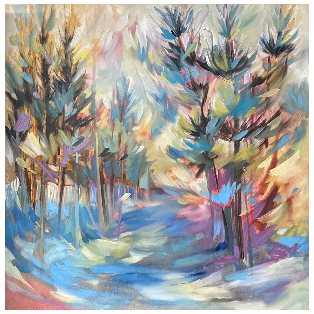 Elizabeth Gartner Howe, Surrounded Impressionistic painting of trees in shimmering, pastel hues.