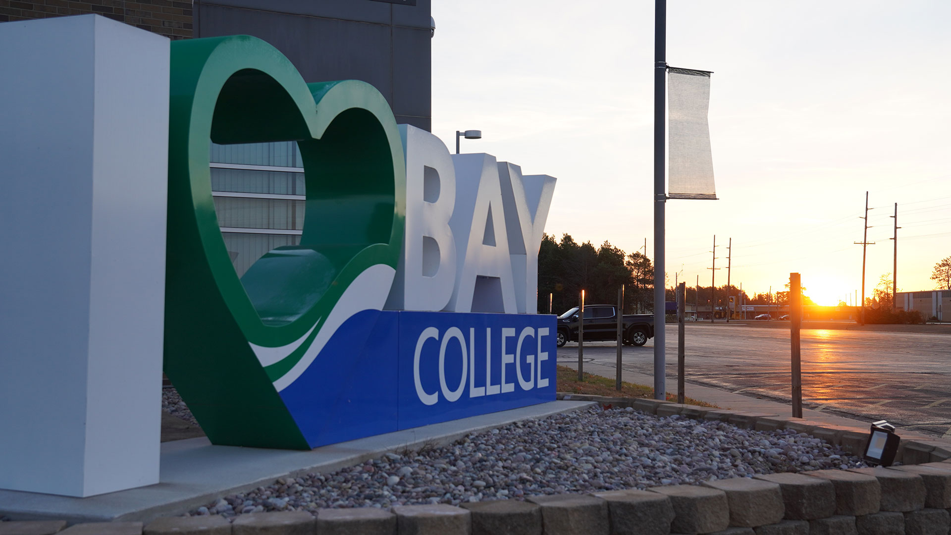The "I 'heart' Bay College" sign on the Bay College Escanaba Campus.