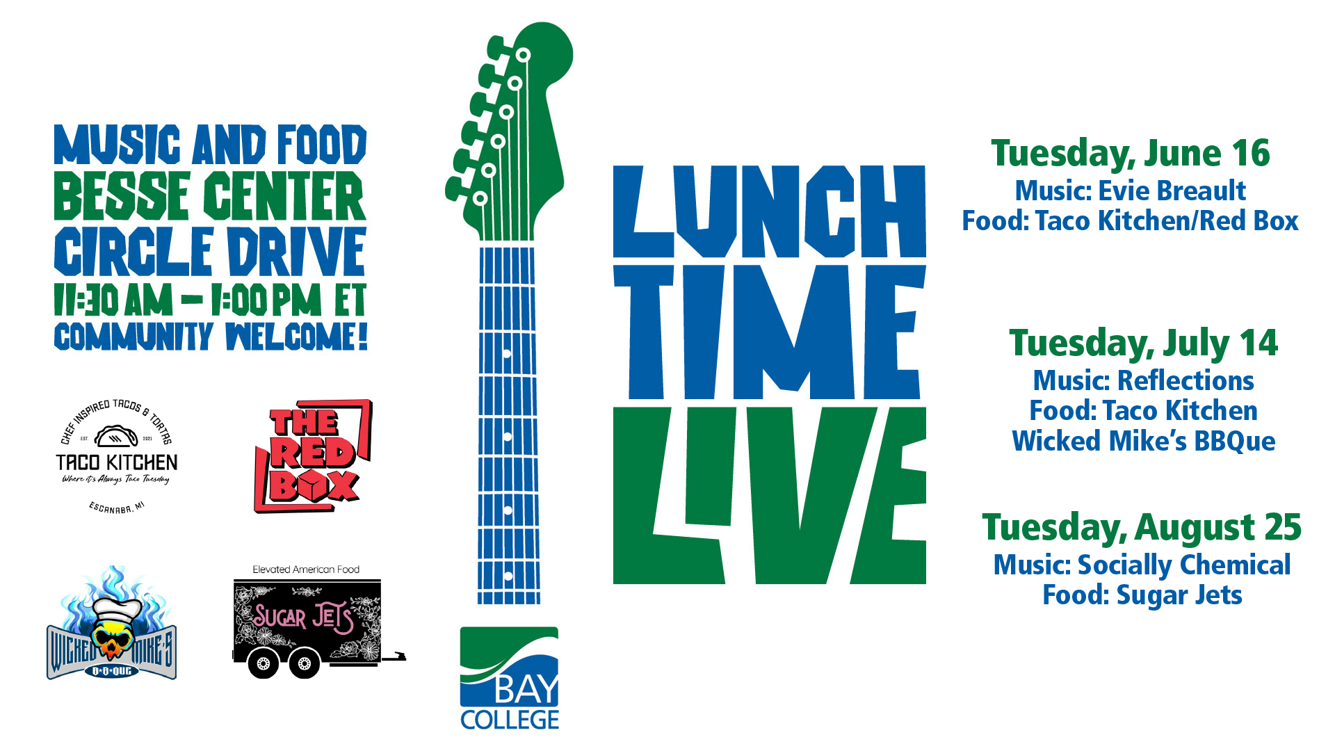 Image showing the Lunchtime Live! logo, food truck vendor logos, and the dates and times of the 2026 summer Lunchtime Live! events.