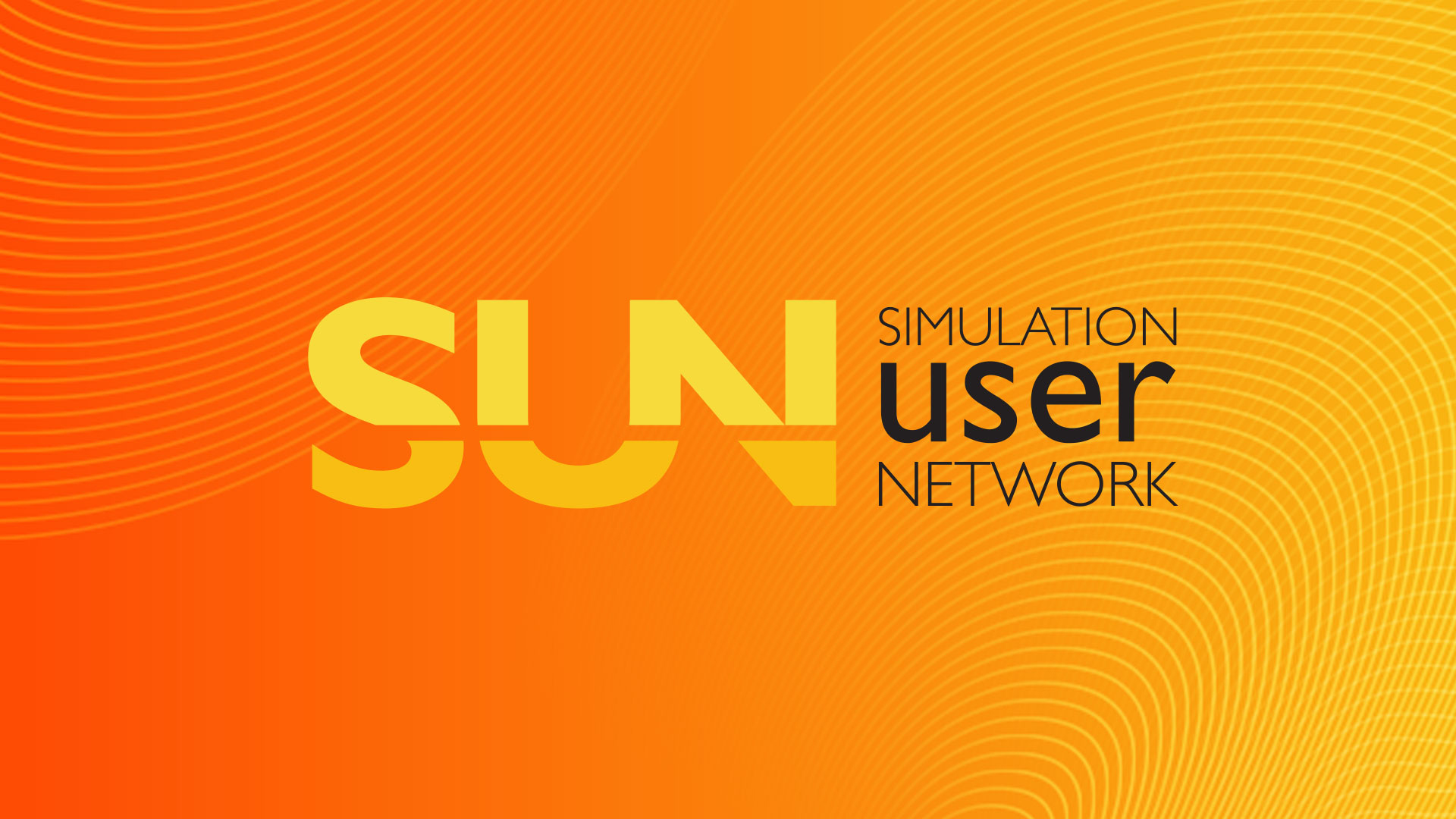The logo for SUN: simulation user network, in yellow and black against a vibrant orange and yellow gradient with fine wavy yellow lines.