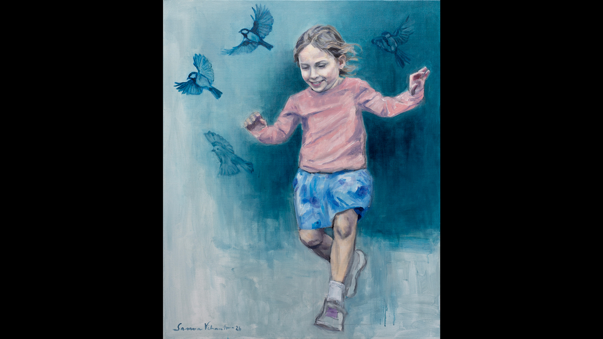 Acrylic painting in muted blues and pinks shows a young girl running happily amidst a flock of songbirds.
