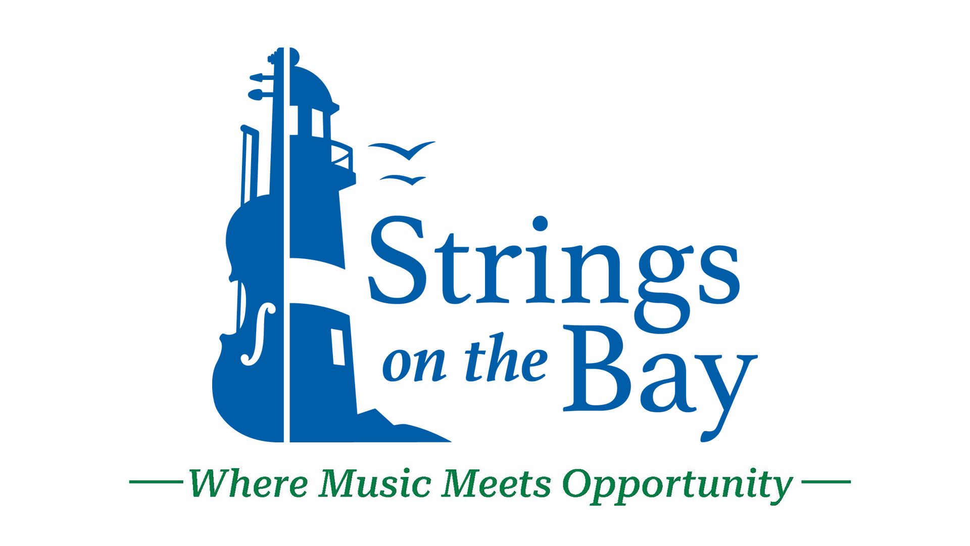 Strings on the Bay logo, with a graphic showing half a cello, half lighthouse.