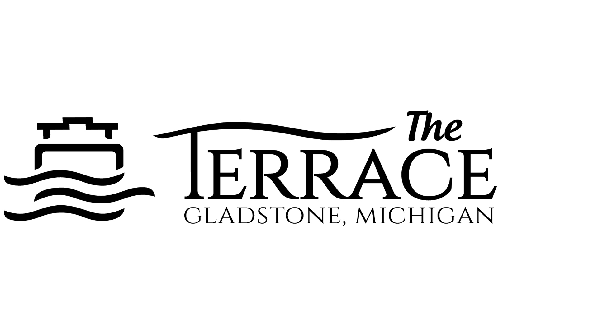 Logo for Terrace Bay Hotel showing a black hotel icon over water and the hotel name beside it.